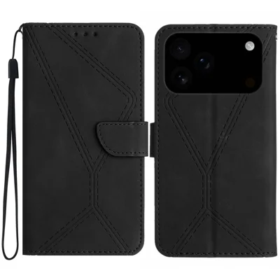 Til iPhone 17 Pro Max Case Skin Touch Linjer Præget PU Læder Flip Cover - Sort