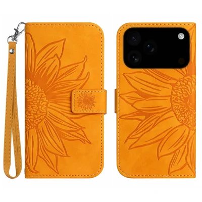 For iPhone 18 Pro Max / 17 Pro Max Case Sunflower Imprint Leather Wallet Phone Cover with Wrist Strap - Yellow