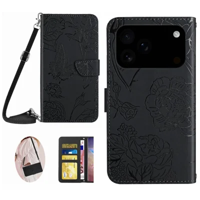 For iPhone 18 Pro Max / 17 Pro Max Case Butterfly Flower Imprint Leather Phone Cover with Shoulder Strap - Black