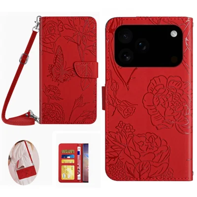 For iPhone 18 Pro Max / 17 Pro Max Case Butterfly Flower Imprint Leather Phone Cover with Shoulder Strap - Red