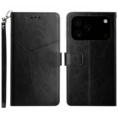For iPhone 18 Pro Max / 17 Pro Max Case with Wrist Strap Y Shaped Lines Imprint Leather Phone Cover - Black