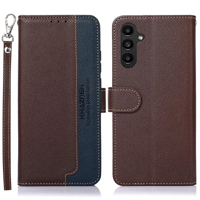 KHAZNEH For Samsung Galaxy A14 5G / A14 4G Litchi Texture PU Leather Shockproof Case RFID Blocking Cellphone Stand Wallet Cover - Brown