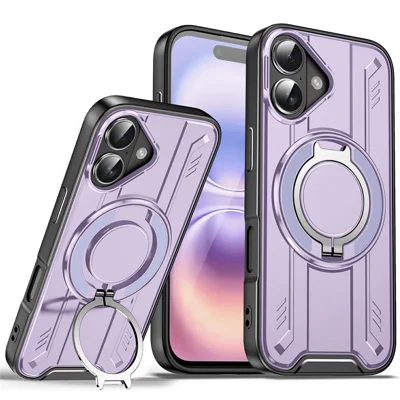 For iPhone 17 Case Compatible with MagSafe Rotating Ring Kickstand PC + TPU Shockproof Phone Cover - Purple