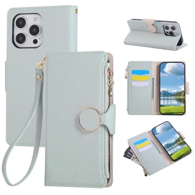 For iPhone 16 Pro Max Case Zipper Wallet Leather Phone Cover with Wrist Strap - Cyan