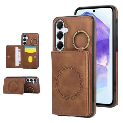 For Samsung Galaxy S24 FE Case Card Holder Kickstand Leather + TPU Phone Cover with Ring Holder - Brown