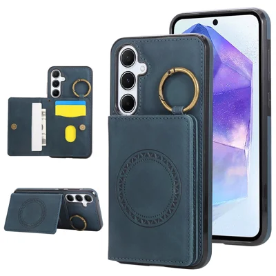 For Samsung Galaxy S25 / S24 Case Card Holder Kickstand Leather + TPU Phone Cover with Ring Holder - Green