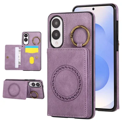 For Samsung Galaxy S25 Edge Case Card Holder Kickstand Leather + TPU Phone Cover with Ring Holder - Purple