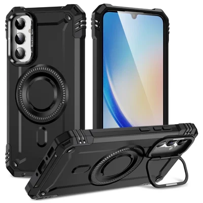 For Samsung Galaxy A55 5G Magnetic Case Metal Lens Frame Kickstand PC + TPU Mobile Cover - Black