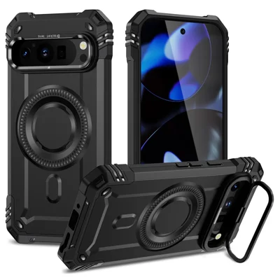 For Google Pixel 9 Pro XL Magnetic Case Metal Lens Frame Kickstand PC + TPU Mobile Cover - Black