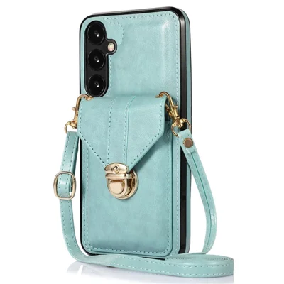 For Samsung Galaxy A36 5G Case Card Holder Kickstand PU Leather + TPU Phone Cover with Shoulder Strap - Green