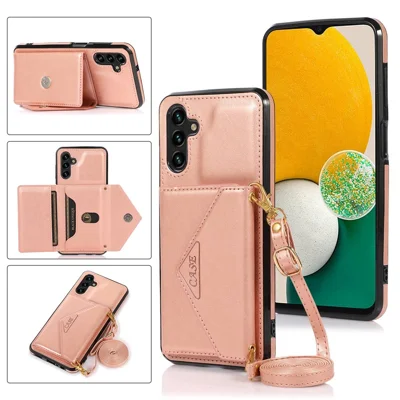 For Samsung Galaxy A26 5G Cell Phone Case Triangle Lid Card Bag Leather + TPU Cover with Long Strap - Rose Gold