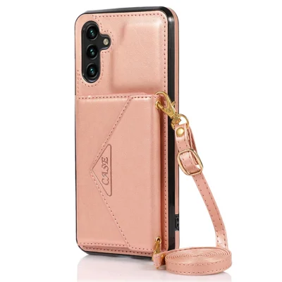 For Samsung Galaxy S24 FE Cell Phone Case Triangle Lid Card Bag Leather + TPU Cover with Long Strap - Rose Gold