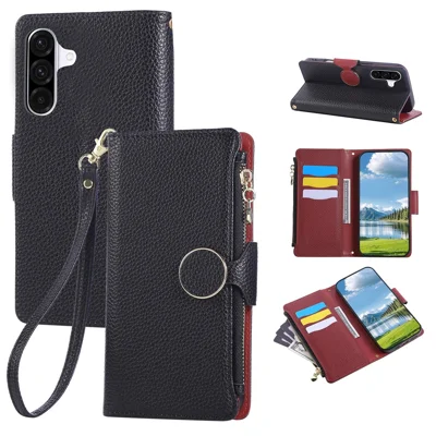For Samsung Galaxy A36 5G Case Zipper Wallet Leather Phone Cover with Wrist Strap - Black