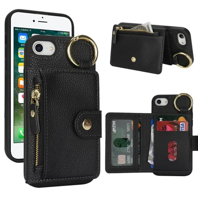 For iPhone SE (2022) / (2020) / 8 / 7 Case Litchi Textured PU Leather + TPU Kickstand Phone Cover with Card Slot - Black