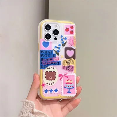 For iPhone 16 Pro Max Case IMD Cartoon Bear Sticker Design TPU Shockproof Phone Cover