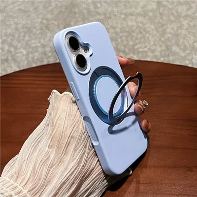 For iPhone 16 Case Rotating Kickstand Liquid Silicone Phone Case Compatible with MagSafe - Blue