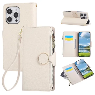 For iPhone 16 Pro Case Zipper Wallet Leather Phone Cover with Wrist Strap - Beige