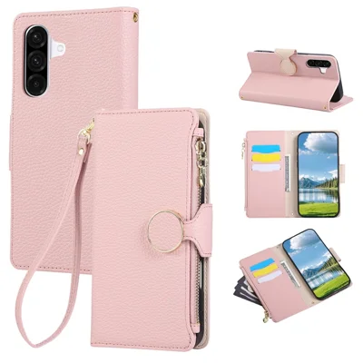 For Samsung Galaxy S25 / S24 Case Zipper Wallet Leather Phone Cover with Wrist Strap - Pink