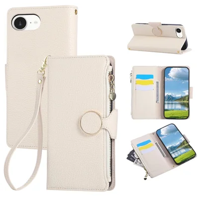 For iPhone 17e / 16e Case Zipper Wallet Leather Phone Cover with Wrist Strap - Beige