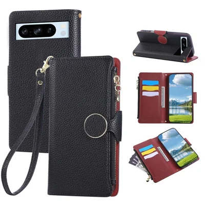 For Google Pixel 8 Pro Case Zipper Wallet Leather Phone Cover with Wrist Strap - Black