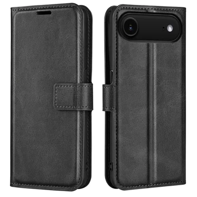 For iPhone Air Stand Case Anti-Scratch Calf Texture Leather Phone Cover - Black