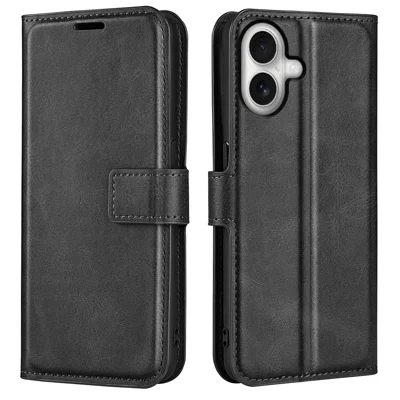 For iPhone 17 Stand Case Anti-Scratch Calf Texture Leather Phone Cover - Black