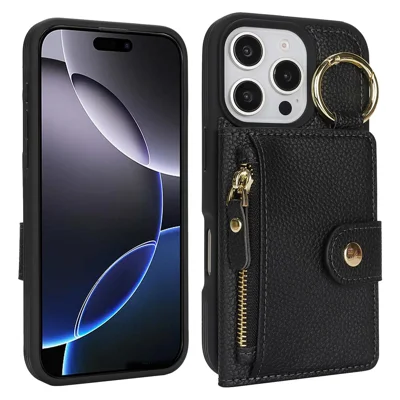 For iPhone 16 Pro Max Case Litchi Textured PU Leather + TPU Kickstand Phone Cover with Card Slot - Black