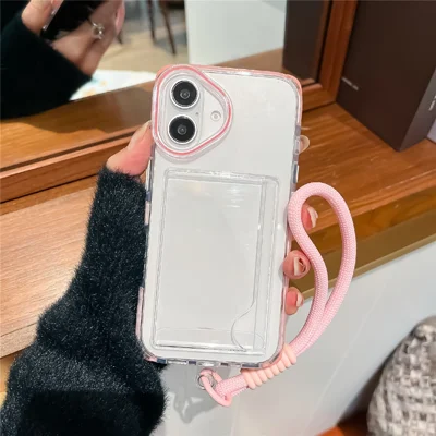 For iPhone 16 Case Card Holder Transparent PC + TPU Reinforced Corners Phone Cover with Wrist Strap - Pink