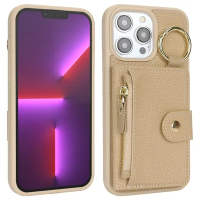 For iPhone 13 Pro Max / 12 Pro Max Case Litchi Textured PU Leather + TPU Kickstand Phone Cover with Card Slot - Beige