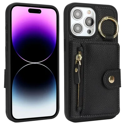Voor iPhone 14 Pro Max hoesje met lycheestructuur van PU leer + TPU met standaard en kaarthouder - Zwart