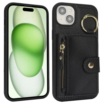 Til iPhone 15 Plus / 14 Plus Case med Litchi-struktur i PU-læder + TPU med fold ud-hold og kortplads - Sort