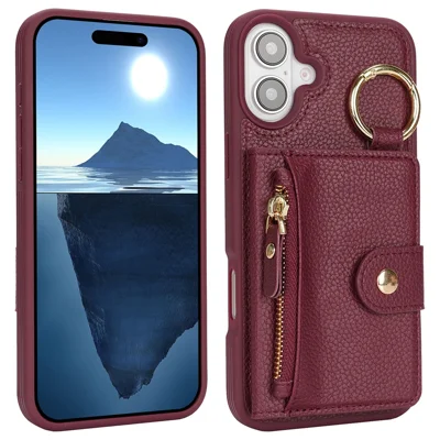 Voor iPhone 16 Plus hoesje met lychee-structuur van PU-leer + TPU met standaard en kaarthouder - Wijnrood