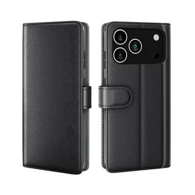 For iPhone 18 Pro / 17 Pro Case Genuine Split Leather Phone Cover with Wallet Stand - Black