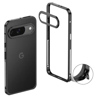 For Google Pixel 9 / 9 Pro Bumper Cases Metal Frame Heat Dissipation Cover with Lens Protector - Black