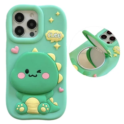 For iPhone 15 Pro Silicone Case Cute Dinosaur Mirror Design Shockproof Phone Back Cover