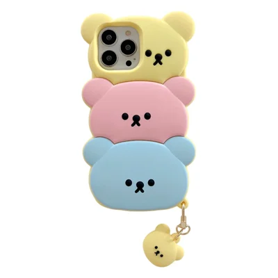 For iPhone 16 Pro Silicone Case Cute Three Bears Design Shockproof Phone Back Cover with Charm