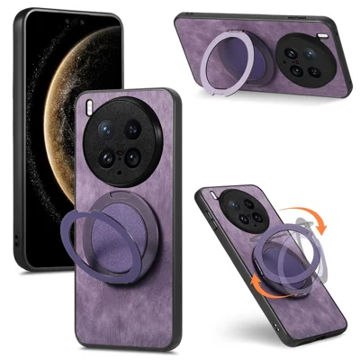 For vivo X200 Ultra 5G Phone Case with Rotating Kickstand Stress Relief Retro Leather Back Cover - Purple