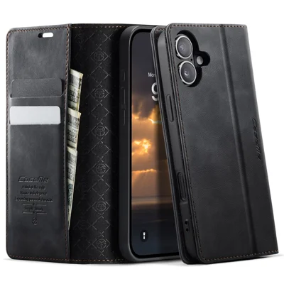 CASEME For iPhone 16 Plus Case  033 Series RFID Blocking Wallet Stand Calf Texture Leather Phone Cover - Black