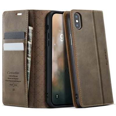 CASEME For iPhone XS Max 6.5 inch Case  033 Series RFID Blocking Wallet Stand Calf Texture Leather Phone Cover - Coffee