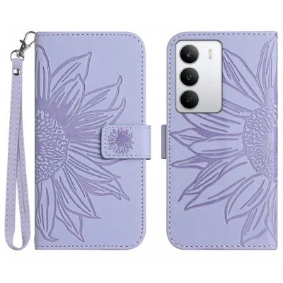 For Realme C75 5G  /  14x 5G Case Sunflower Imprint Leather Wallet Phone Cover with Wrist Strap - Light Purple