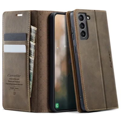 CASEME For Samsung Galaxy S21 5G Case  033 Series RFID Blocking Wallet Stand Calf Texture Leather Phone Cover - Coffee