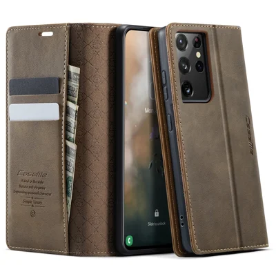 CASEME For Samsung Galaxy S21 Ultra 5G Case  033 Series RFID Blocking Wallet Stand Calf Texture Leather Phone Cover - Coffee