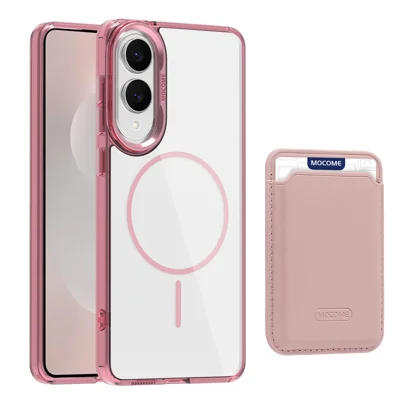 For Samsung Galaxy S25 Edge Magnetic Case TPU + PC Phone Cover with Card Bag - Transparent Pink