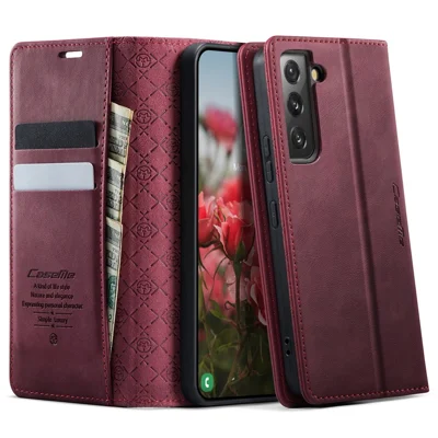 CASEME For Samsung Galaxy S22 5G Case  033 Series RFID Blocking Wallet Stand Calf Texture Leather Phone Cover - Red