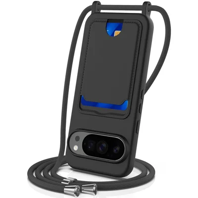 For Google Pixel 10 Pro Case Liquid Silicone Card Holder Back Phone Cover with Lanyard - Black