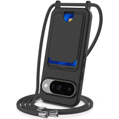 For Google Pixel 10 Case Liquid Silicone Card Holder Back Phone Cover with Lanyard - Black
