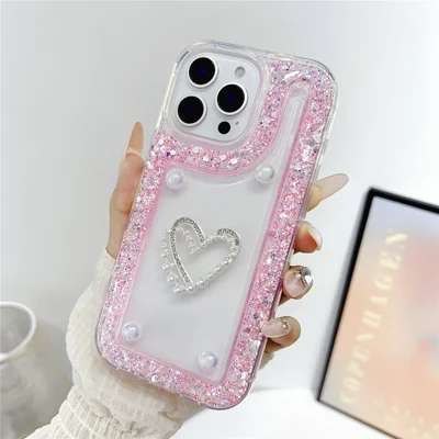 For iPhone 16 Pro Case with Pearl / Dual Heart Decor Glitter Rhinestone Epoxy Design TPU Phone Cover - Pink