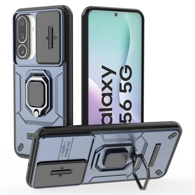 For Samsung Galaxy M56 5G Case PC + TPU Kickstand Phone Protector with Lens Cover - Blue
