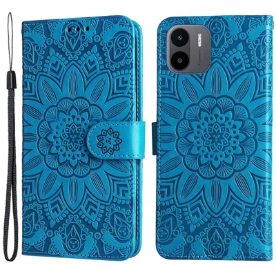 Folia z impresem słonecznika dla Xiaomi Redmi A1 4G / A2 4G, etui portfelowe z poliuretanowej skóry, składane z funkcją podpórki, pełna ochrona z rączką - niebieski