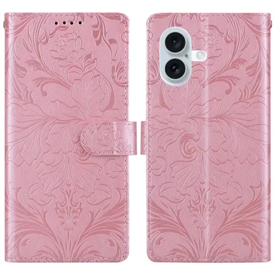 For iPhone 16 Plus Leather Case Imprinted Floral Pattern Wallet Stand Flip Phone Cover - Pink